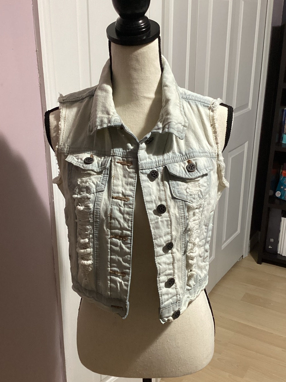 Material Girl Distressed Light Wash Denim Vest - White/Light Blue